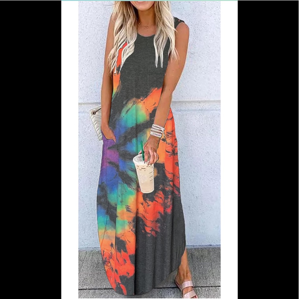 Long Casual beach vacation sleeveless Maxi Dress with Pockets M